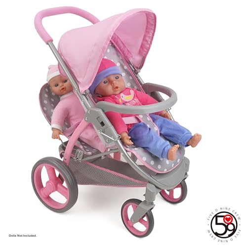509 Crew: Cotton Candy Pink: Twin Tandem Doll Stroller - Pink, Grey, Polka Dot - Dolls Up to 18", Holds 2 Dolls, Foldable, Kids Pretend Play, Ages 3+ - Image 5