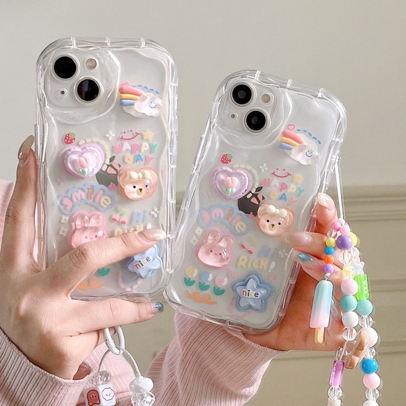 Suitable for iPhone 17 Stereo Wave Rabbit Soft Case, Apple 16/15 Rainbow Ice Cream Bracelet Phone Case - Image 2