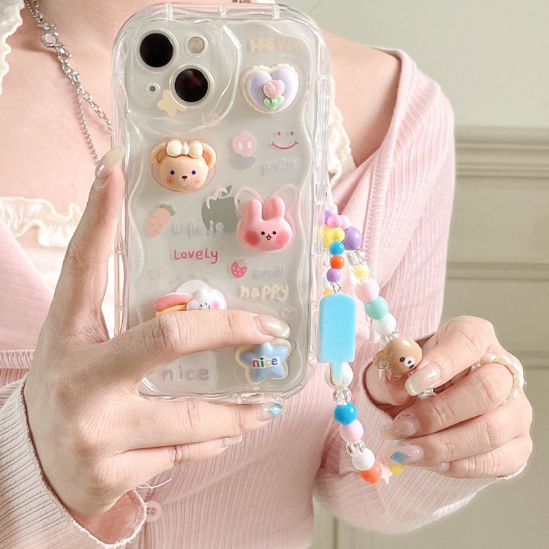 Suitable for iPhone 17 Stereo Wave Rabbit Soft Case, Apple 16/15 Rainbow Ice Cream Bracelet Phone Case - Image 1