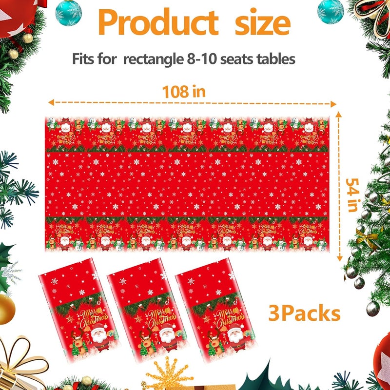 EUVBOKW 3 Pack Christmas Tablecloth 54 x 108 Inch–Disposable Plastic Xmas Table Cloths Snowman Xmas Tree Snowflake Winter Table Cover,Merry Christmas Decorations for Holiday Party Supplies - Image 2