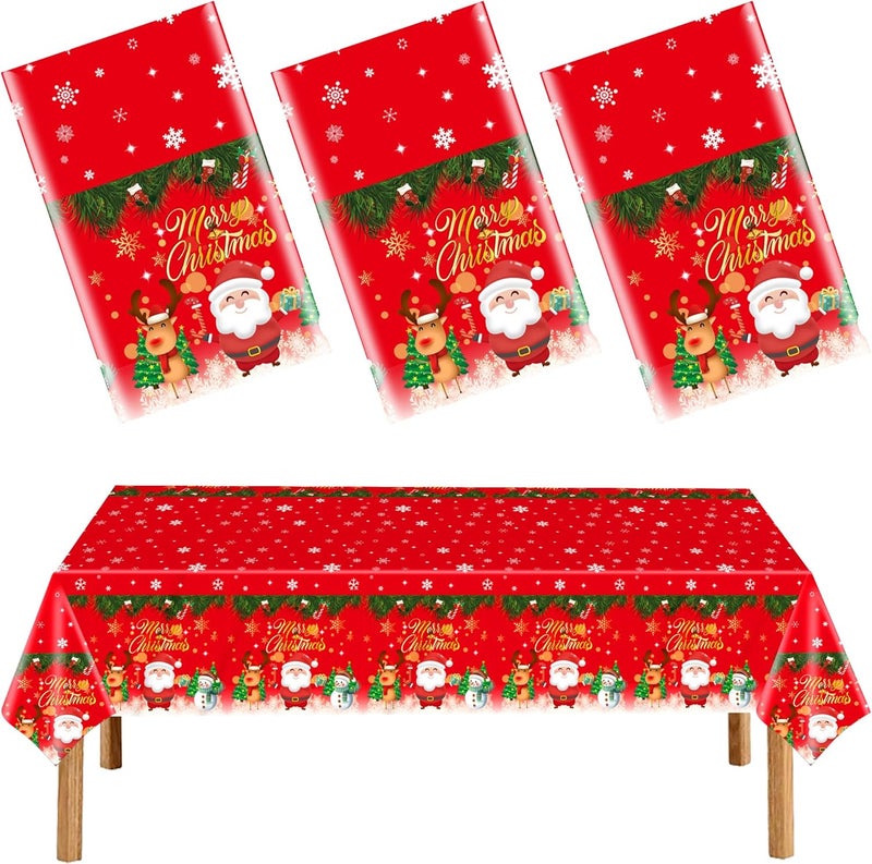 EUVBOKW 3 Pack Christmas Tablecloth 54 x 108 Inch–Disposable Plastic Xmas Table Cloths Snowman Xmas Tree Snowflake Winter Table Cover,Merry Christmas Decorations for Holiday Party Supplies - Image 1