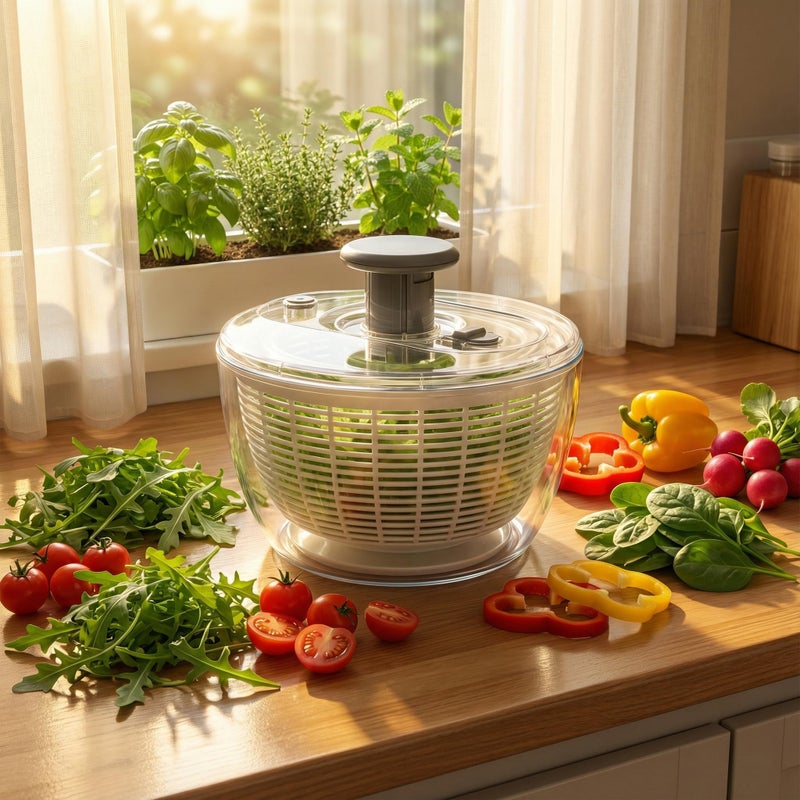 Le'raze Glass Salad Spinner with Airtight Lid - BPA-Free - Easy Pump Lettuce Spinner Washer | Fruit Washing Bowl with Strainer | Vegetable Cleaner | Large Capacity Borosilicate Glass, 6.22 Quart - Image 4