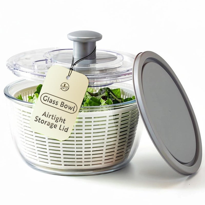 Le'raze Glass Salad Spinner with Airtight Lid - BPA-Free - Easy Pump Lettuce Spinner Washer | Fruit Washing Bowl with Strainer | Vegetable Cleaner | Large Capacity Borosilicate Glass, 6.22 Quart - Image 1