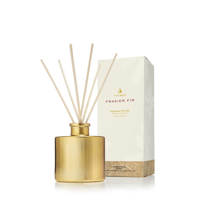 Thymes Frasier Fir Reed Diffuser Set Includes Reeds Fragrance Oil and Frosted Glass Bottle Fragrance Oil Diffuser Room Fresheners Luxury Home Decor Gold Gilded 4 fl oz