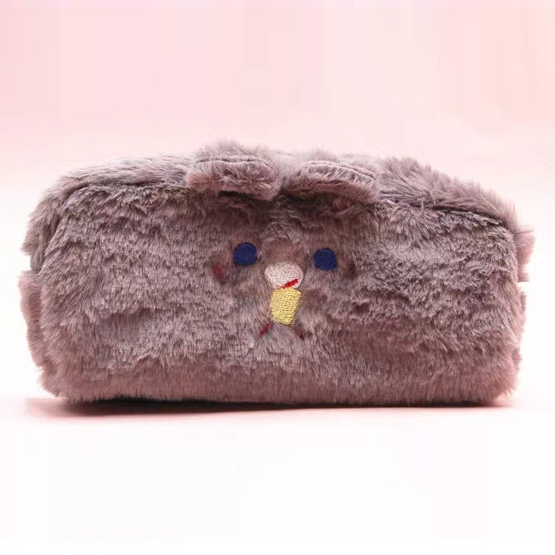 Large Capacity Puff Pencil Case Cute Teddy Plush Stationery Pouch Soft Soothing Wallet Puff-Puff Cure Smiley-Grey 