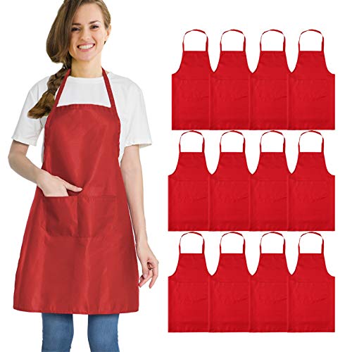 multifuns 12 Pack Red Aprons for Women Men with 2 Pockets-Artist Baking Cooking Kitchen Aprons Bulk(24x28 inch, Red) - Image 1