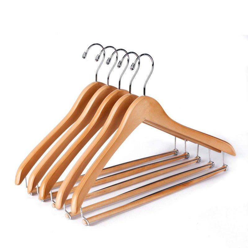 Quality Hangers Wooden Hangers Beautiful Sturdy Suit Coat Hangers with Locking Bar Glossy Natural Wood (5) - Image 1