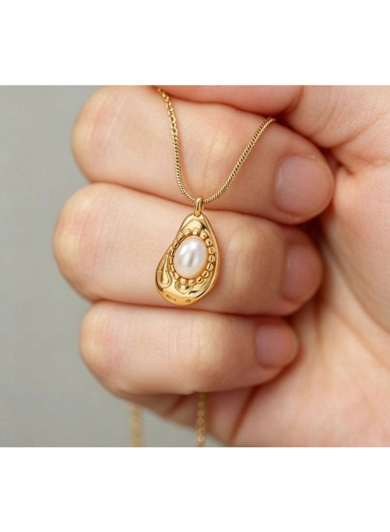 LATEEN 18K Gold Plated Pendant Necklace, Irregular Baroque‑Style Faux Pearl Necklace, Dainty Snake Chain Elegant Statement Jewelry for Women - Image 2