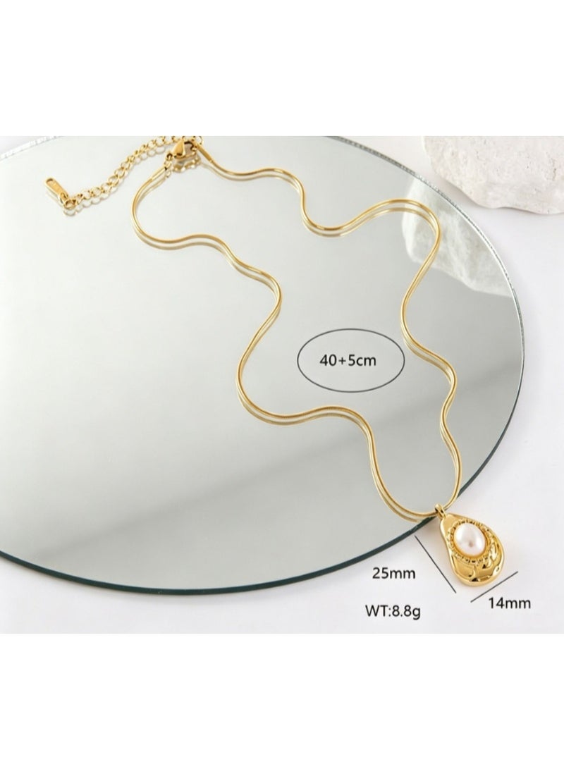 LATEEN 18K Gold Plated Pendant Necklace, Irregular Baroque‑Style Faux Pearl Necklace, Dainty Snake Chain Elegant Statement Jewelry for Women - Image 3
