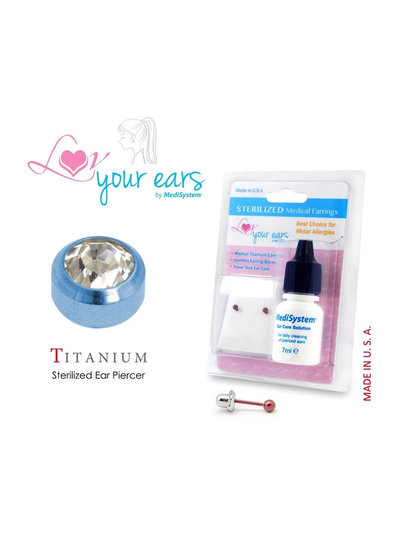 MediSystem Sterilized Medical Earrings Blue Titanium 4mm Crystal Bezel, Made in USA  - Image 1