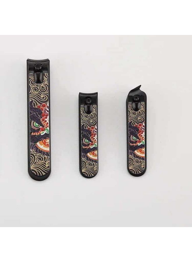 Chinese Lion Dance 5-Piece Manicure Set, Portable PU Leather Storage Case, Rotary Double-Edged Nail Clippers Nail File Ear Pick Home Nail Care Kit - Image 3