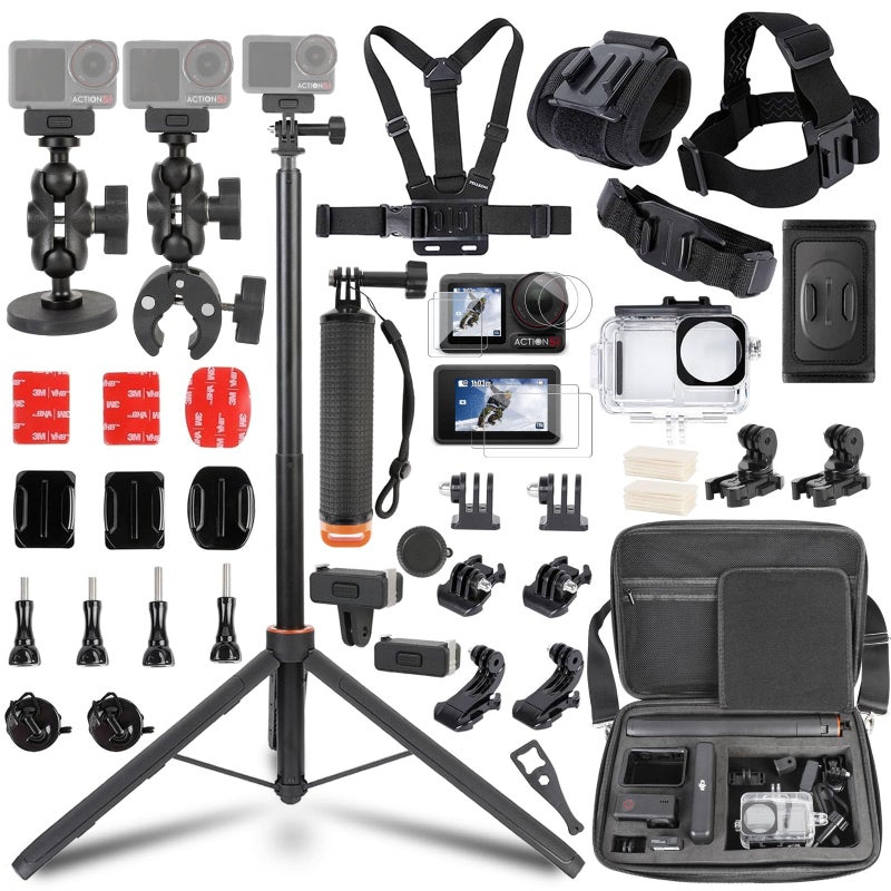 PellKing Accessories Kit for DJI Osmo Action 5pro/4/3,Carrying Case with Belt 135cm Selfie Stick Tripod Waterproof Housing Floating Handle Grip Magnetic Handlebar Mount Qucik Release4 in 1 Body Mount - Image 1