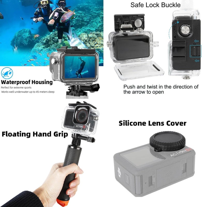 PellKing Accessories Kit for DJI Osmo Action 5pro/4/3,Carrying Case with Belt 135cm Selfie Stick Tripod Waterproof Housing Floating Handle Grip Magnetic Handlebar Mount Qucik Release4 in 1 Body Mount - Image 5