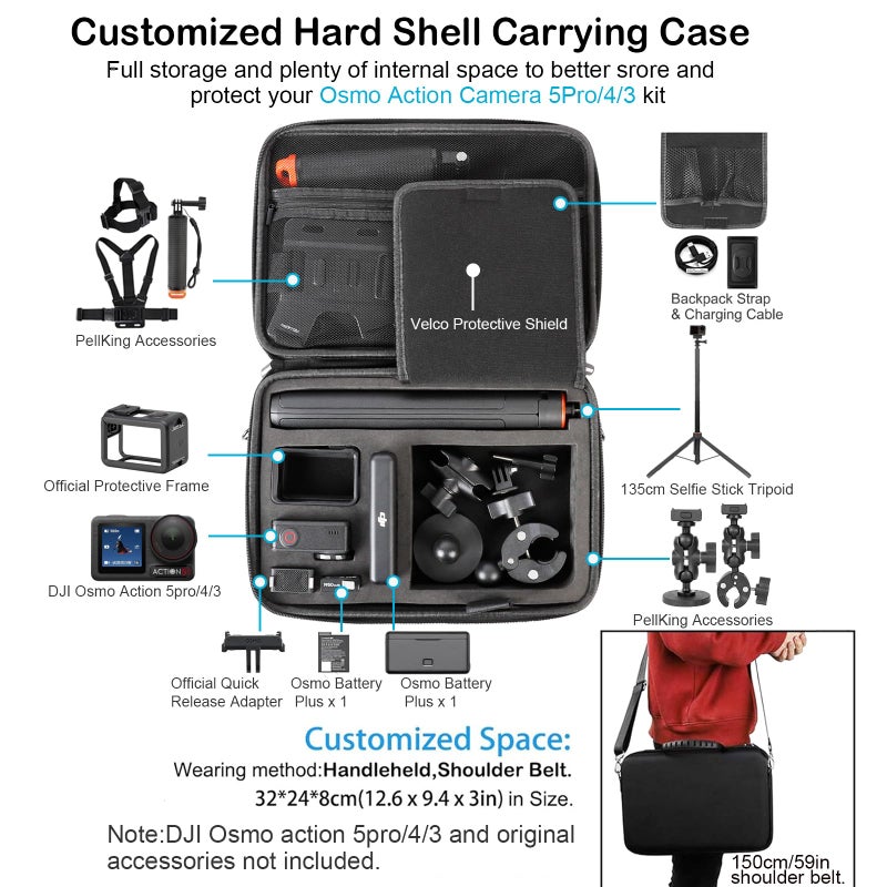 PellKing Accessories Kit for DJI Osmo Action 5pro/4/3,Carrying Case with Belt 135cm Selfie Stick Tripod Waterproof Housing Floating Handle Grip Magnetic Handlebar Mount Qucik Release4 in 1 Body Mount - Image 3