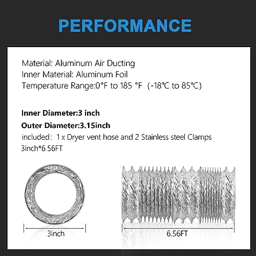 Hon&Guan 3 Inch Duct 6.56 Feet, Hon&Guan Flexible Dryer Vent Hose For Tight Space Dryer Exhaust Hose Aluminum Duct For Heating and Cooling Ventilation-with 2 Clamps. - Image 2