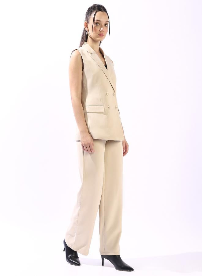 HIGH STAR Women's Beige Polyester Blend Solid Double-Breasted Button Down Vest Full Chinos Tailored Fit Co-Ords - Image 2