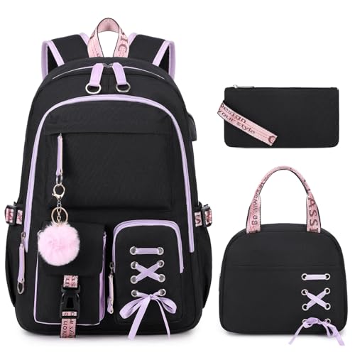 ACESAK Backpacks for Girls, Girls Backpack with Lunch Box and Pencil Case for Teen Kids Elementary Middle High School College Student, Children Backpack Bookbag with USB Charging Port (Black Purple) - Image 1