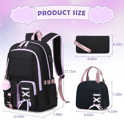 ACESAK Backpacks for Girls, Girls Backpack with Lunch Box and Pencil Case for Teen Kids Elementary Middle High School College Student, Children Backpack Bookbag with USB Charging Port (Black Purple) - Image 2