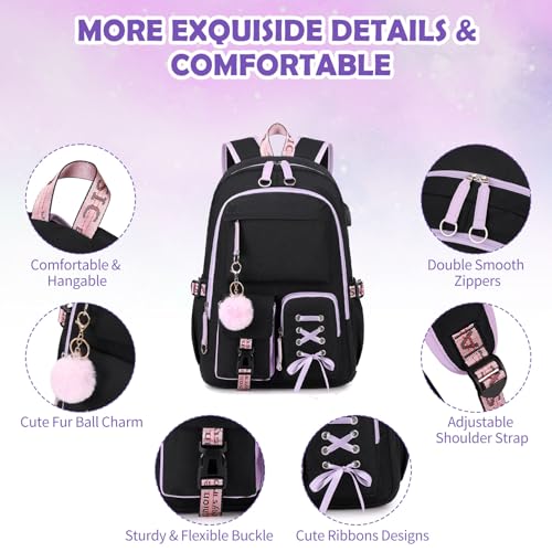 ACESAK Backpacks for Girls, Girls Backpack with Lunch Box and Pencil Case for Teen Kids Elementary Middle High School College Student, Children Backpack Bookbag with USB Charging Port (Black Purple) - Image 4