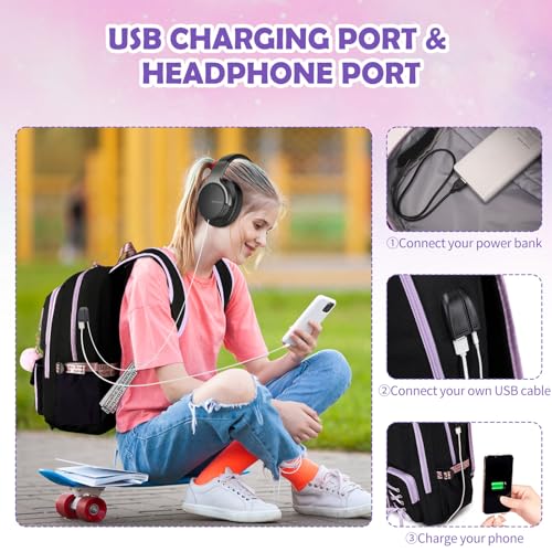 ACESAK Backpacks for Girls, Girls Backpack with Lunch Box and Pencil Case for Teen Kids Elementary Middle High School College Student, Children Backpack Bookbag with USB Charging Port (Black Purple) - Image 5