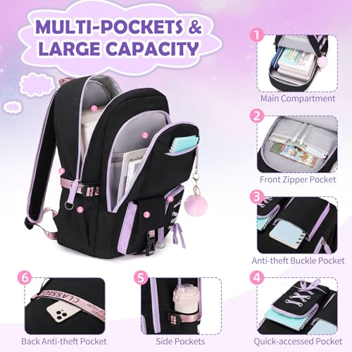 ACESAK Backpacks for Girls, Girls Backpack with Lunch Box and Pencil Case for Teen Kids Elementary Middle High School College Student, Children Backpack Bookbag with USB Charging Port (Black Purple) - Image 3