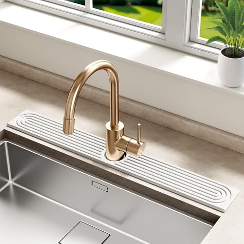MAGKOTA Stone Faucet Mat for Kitchen Sink - Quick Dry Diatomite Sink Splash Guard, Prevents Moisture Buildup & Water Stains, Water Absorbing Stone Tray for Bathroom Countertop (White, 30" x 4") - Image 1