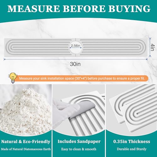 MAGKOTA Stone Faucet Mat for Kitchen Sink - Quick Dry Diatomite Sink Splash Guard, Prevents Moisture Buildup & Water Stains, Water Absorbing Stone Tray for Bathroom Countertop (White, 30" x 4") - Image 3