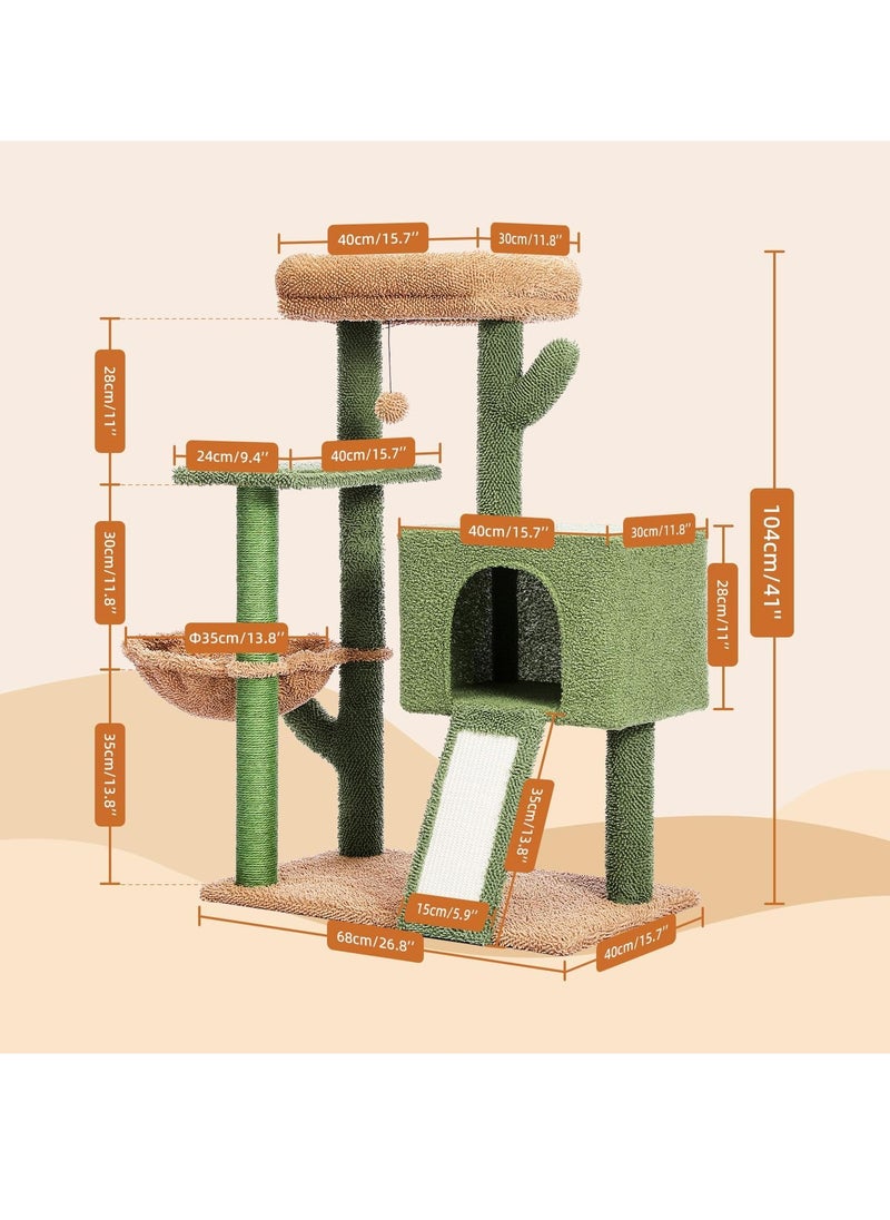 Alissa - 104 cm Cactus Cat Tower with Sisal Covered Scratching Post and Cozy Condo for Indoor Cats Cat Climbing Stand with Plush Perch & Soft Hammock for Multi Level Cat Play House 41" - Image 1