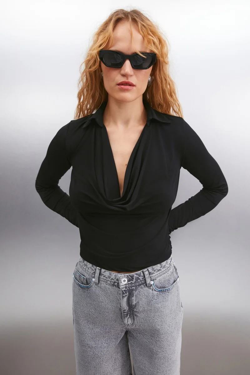 جريميلانج Aurora Women's Degaje Shirt Collar Flowy Sandy Fabric Black Blouse