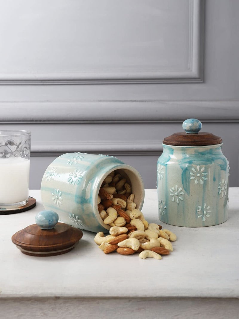 miah decor Ceramic Food Storage Jar Teal Canister Wooden Lid With Airtight Silicone Seal, Perfect For Tea, Coffee, Spices Or Snacks-Set Of 2, Multicolor - Image 1