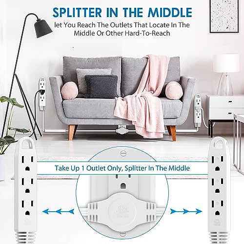K KASONIC 3 Prong 12 Feet Twin Extension Cord Power Strip, 6 Feet on Each Side, Flat Head Outlet Plug, 6 Outlets, Double Extension Cord Splitter for Indoor Use, ETL Listed, White - Image 2