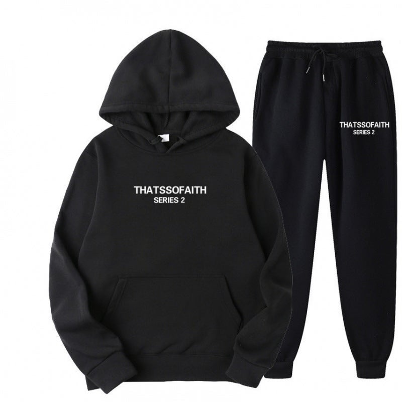 New Letter Sweatshirt And Sweatpants Two-Piece Set For Men And Women Casual Velvet Hooded Suit - Image 1