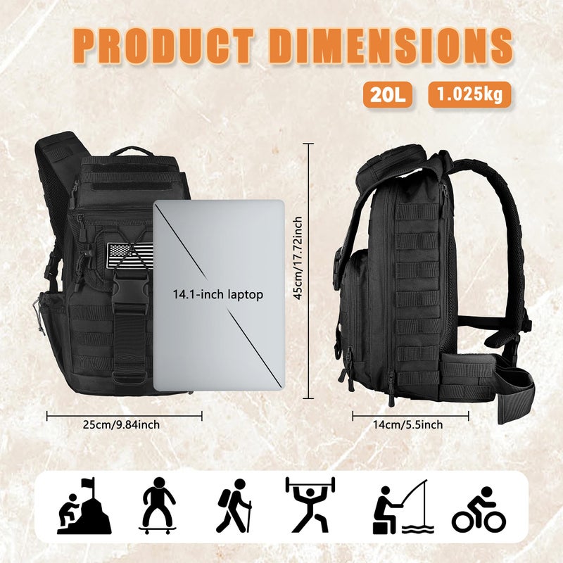 MANETTA Tactical sling Backpack for men- 25l Large Army one shoulder Backpacks For Men Camping Hiking Trekking Daypack Rucksack (black-15.6) - Image 3