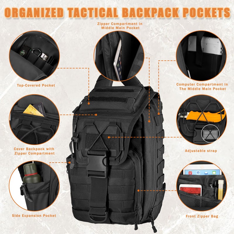 MANETTA Tactical sling Backpack for men- 25l Large Army one shoulder Backpacks For Men Camping Hiking Trekking Daypack Rucksack (black-15.6) - Image 4
