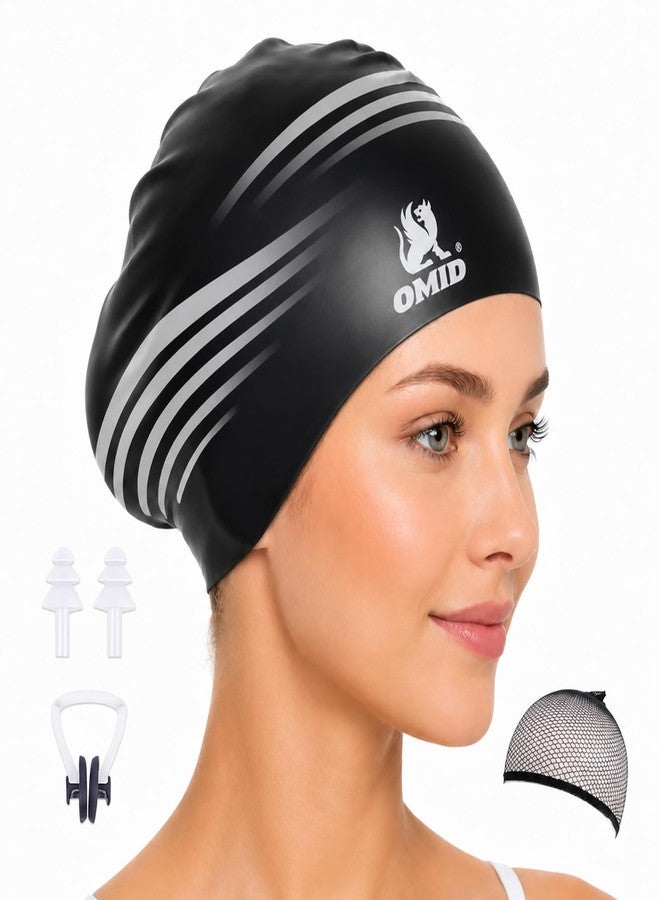 OMID Waterproof Swim Cap for Women with Long Hair - Chemical Resistant Silicone Swimming Cap, UV Protection for Pool Beach, Fits Dreadlocks and Thick Hair (Black) - Image 1