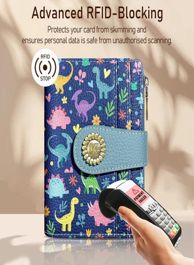 Kelvoris Small Rfid Women Wallet Bifold Zipper Coin Pocket PU Leather Compact Cash Credit Card Holder Travel Wallet for Female Ladies Teen Girls 1 ID Window 10 Card Slots, Dinosaurs, Casual - Image 3