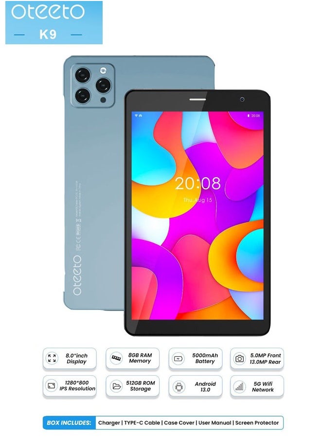 Oteeto - Oteeto K9 5G Android Tablet With 8.0 Inch Display 8GB RAM 512 GB ROM and 5000 mAh Battery Blue - Image 1