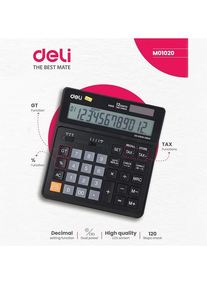 Deli deli WM01020 12 Digits Calculator with 120 Correct Function & F-Cut Keys,Steps Check | 3 Years Warranty | - Black  - Image 5