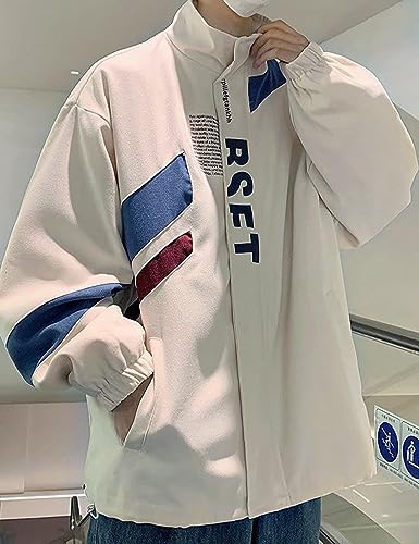 Yimoon Mens Varsity Jacket Vintage Letter Print Motorcycle Jacket Oversized Patchwork Unisex StreetwearBeigeM - Image 3