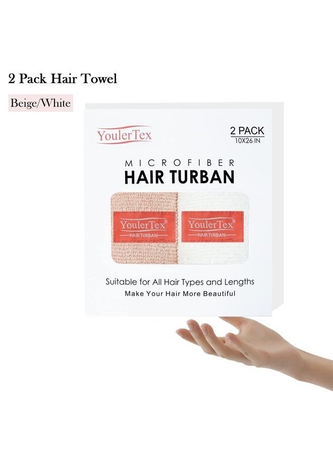 YoulerTex - Microfiber Hair Towel Wrap: Women 2 Pack 10 inch X 26 inch, Super Absorbent Quick Dry Hair Turban for Drying Curly Long & Thick Hair (Peachy Beige+White) - Image 1