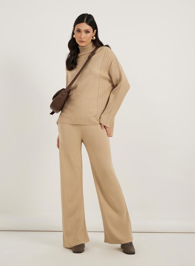 Styli Cable Knit Panelled Sweater and Wide Leg Pants Co-Ords  - Image 1