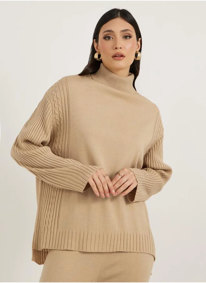 ستايلي Cable Knit Panelled Sweater and Wide Leg Pants Co-Ords