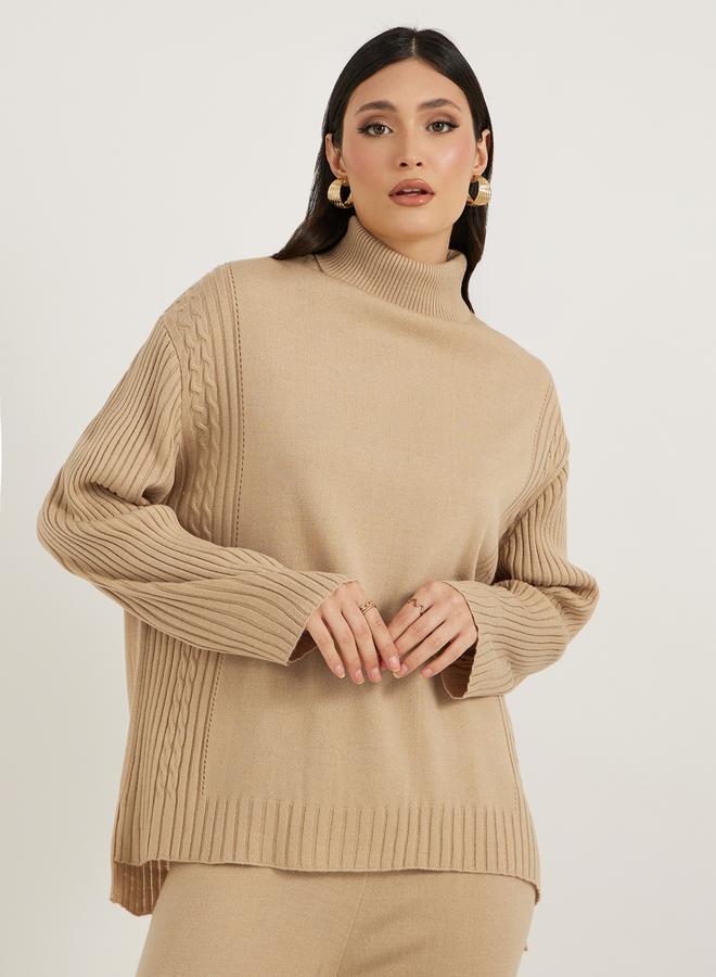 Styli Cable Knit Panelled Sweater and Wide Leg Pants Co-Ords  - Image 2