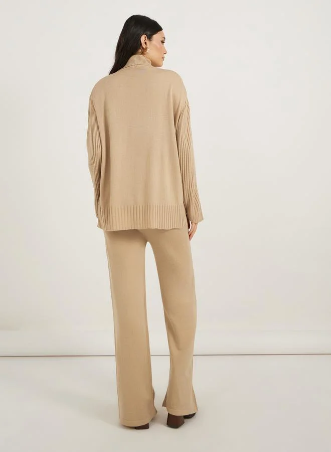 Styli Cable Knit Panelled Sweater and Wide Leg Pants Co-Ords