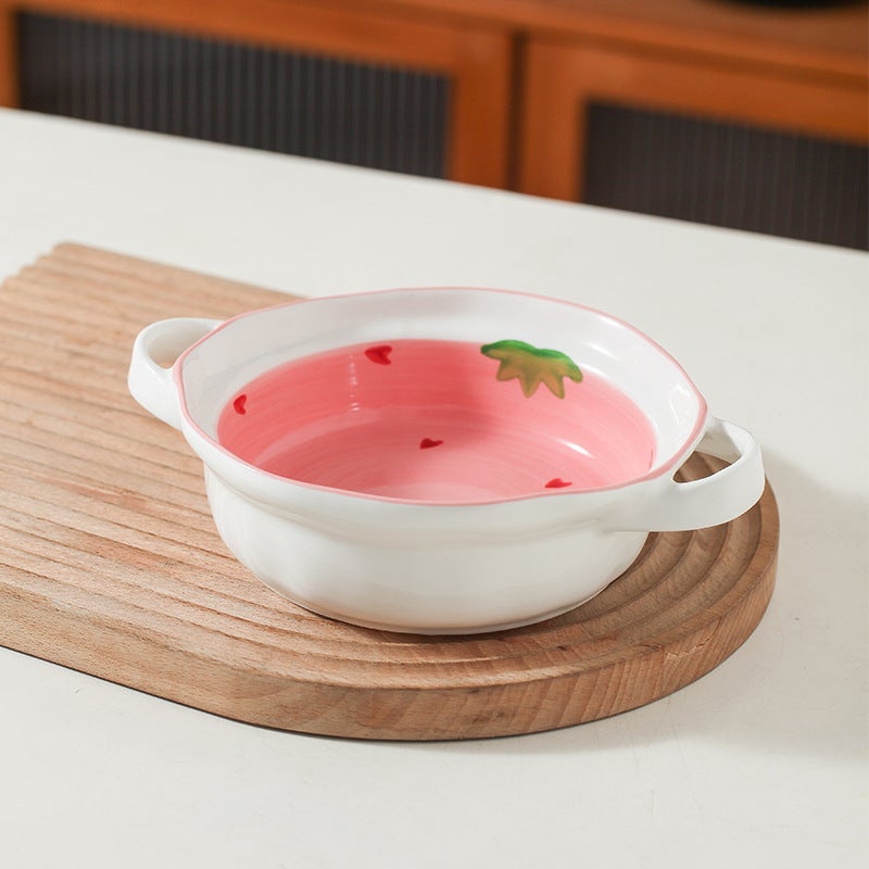Internet Celebrity Ins Strawberry Bowl Spoon Plate Set Girly Heart Dessert Salad Heart Shaped Bowl Household Tableware Ceramic(Strawberry 6 inch double ear bowl) - Image 1