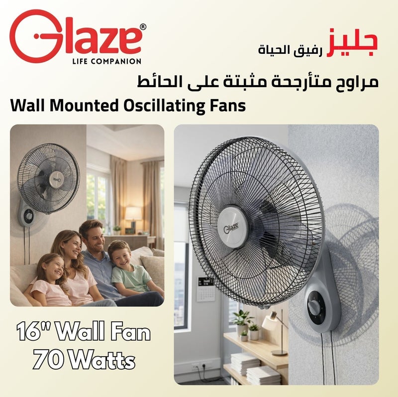 Glaze 16 Inch Wall Fan 5 Blades, 3 Speed Control, Wide Oscillation, Powerful Airflow, Wall Mounted Electric Fan with Adjustable Tilt, Home & Office Cooling Fan with 2 Years Warranty - Image 4