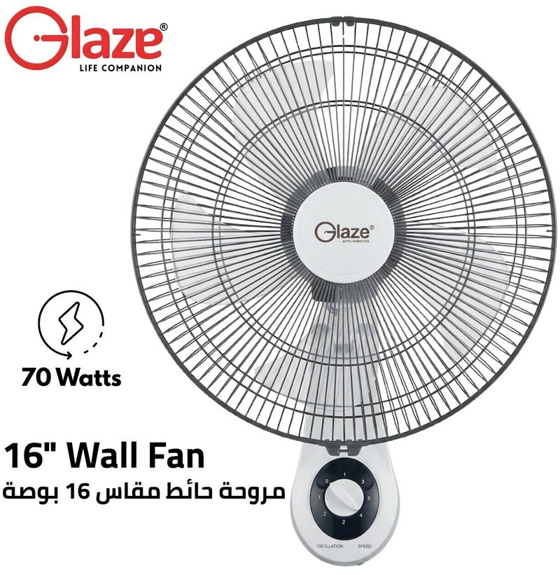 Glaze 16 Inch Wall Fan 5 Blades, 3 Speed Control, Wide Oscillation, Powerful Airflow, Wall Mounted Electric Fan with Adjustable Tilt, Home & Office Cooling Fan with 2 Years Warranty - Image 1