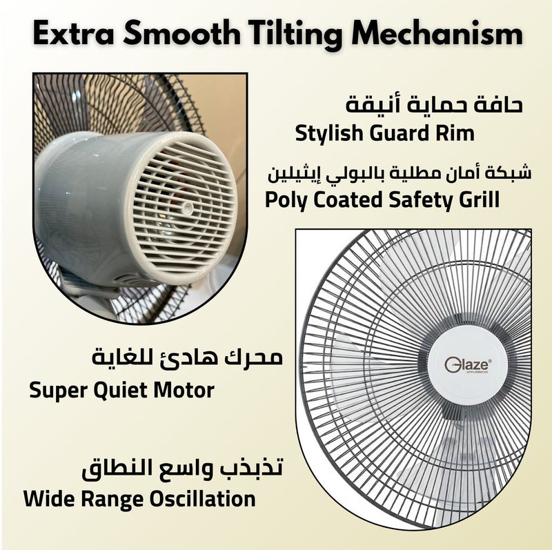 Glaze 16 Inch Wall Fan 5 Blades, 3 Speed Control, Wide Oscillation, Powerful Airflow, Wall Mounted Electric Fan with Adjustable Tilt, Home & Office Cooling Fan with 2 Years Warranty - Image 5