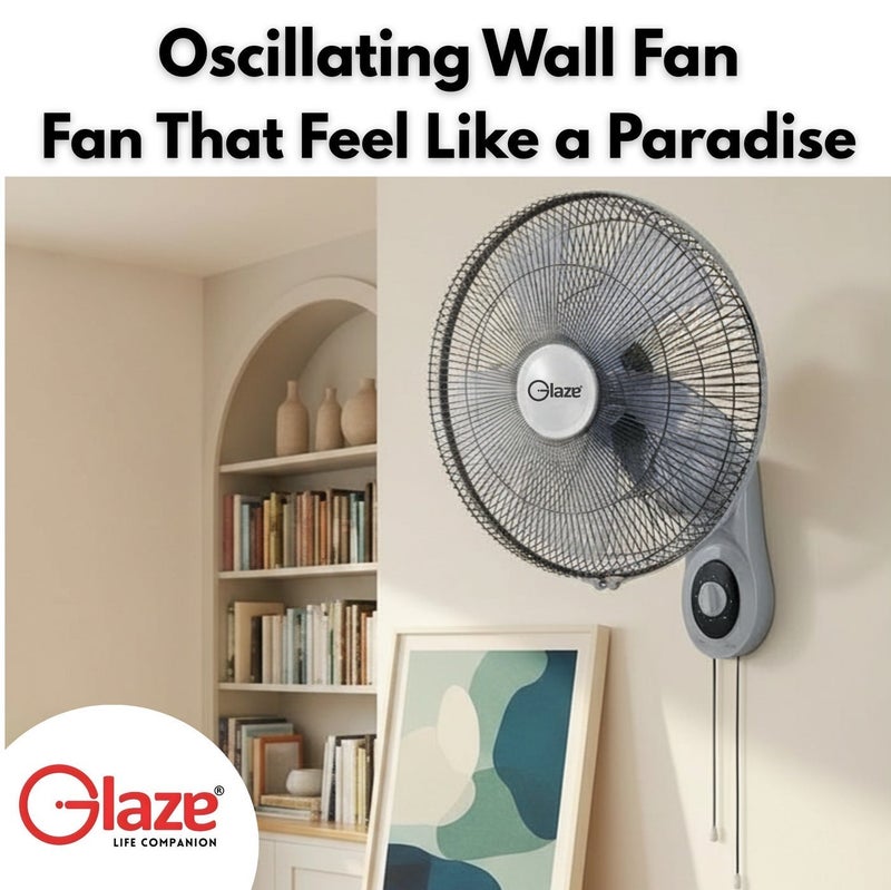 Glaze 16 Inch Wall Fan 5 Blades, 3 Speed Control, Wide Oscillation, Powerful Airflow, Wall Mounted Electric Fan with Adjustable Tilt, Home & Office Cooling Fan with 2 Years Warranty - Image 2