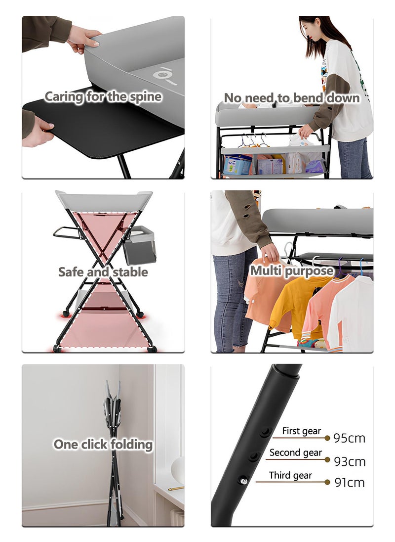 Baby Changing Table Foldable Portable Changing Table with Wheels Adjustable Height (Pink)